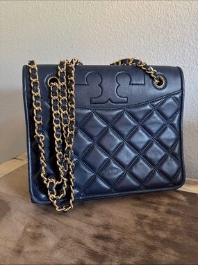 Tory Burch Navy Quilted Leather Shoulder Bag with Gold Chain